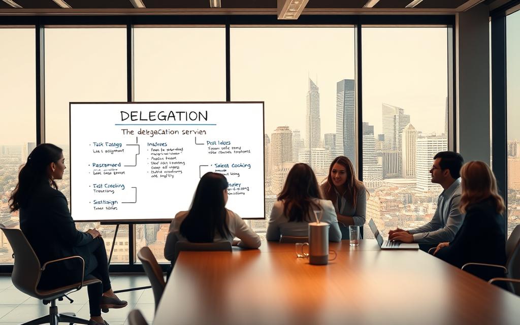 A Well-Lit Business Conference Room With A Large Table And Comfortable Chairs. In The Foreground, A Group Of Professionals Engaged In A Meeting, Discussing A Delegation Strategy Depicted On A Clean Whiteboard. The Middle Ground Showcases Detailed Steps For The Delegation Process, Including Task Assignment, Resource Allocation, And Progress Tracking. The Background Features Large Windows Overlooking A Bustling City Skyline, Conveying A Sense Of Professionalism And Productivity. The Overall Atmosphere Is One Of Collaborative Problem-Solving, With A Touch Of Natural Lighting And Warm Tones To Create An Inviting And Focused Environment.